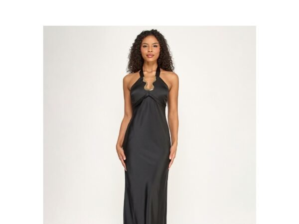 Seni & Cade Juniors' Halter Neck Hardware Trim Satin Long Gown