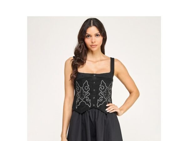 Seni & Cade Juniors' Square Neck Embroidered Vest with Lace Up Back and Short Skirt