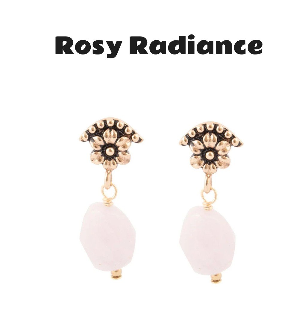 Pink Rose Quartz Golden Floral Drop Earrings