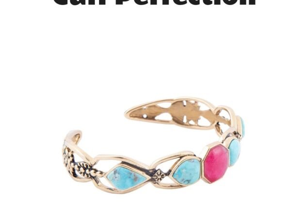 Blue Turquoise and Red Quartz Golden Cuff Bracelet