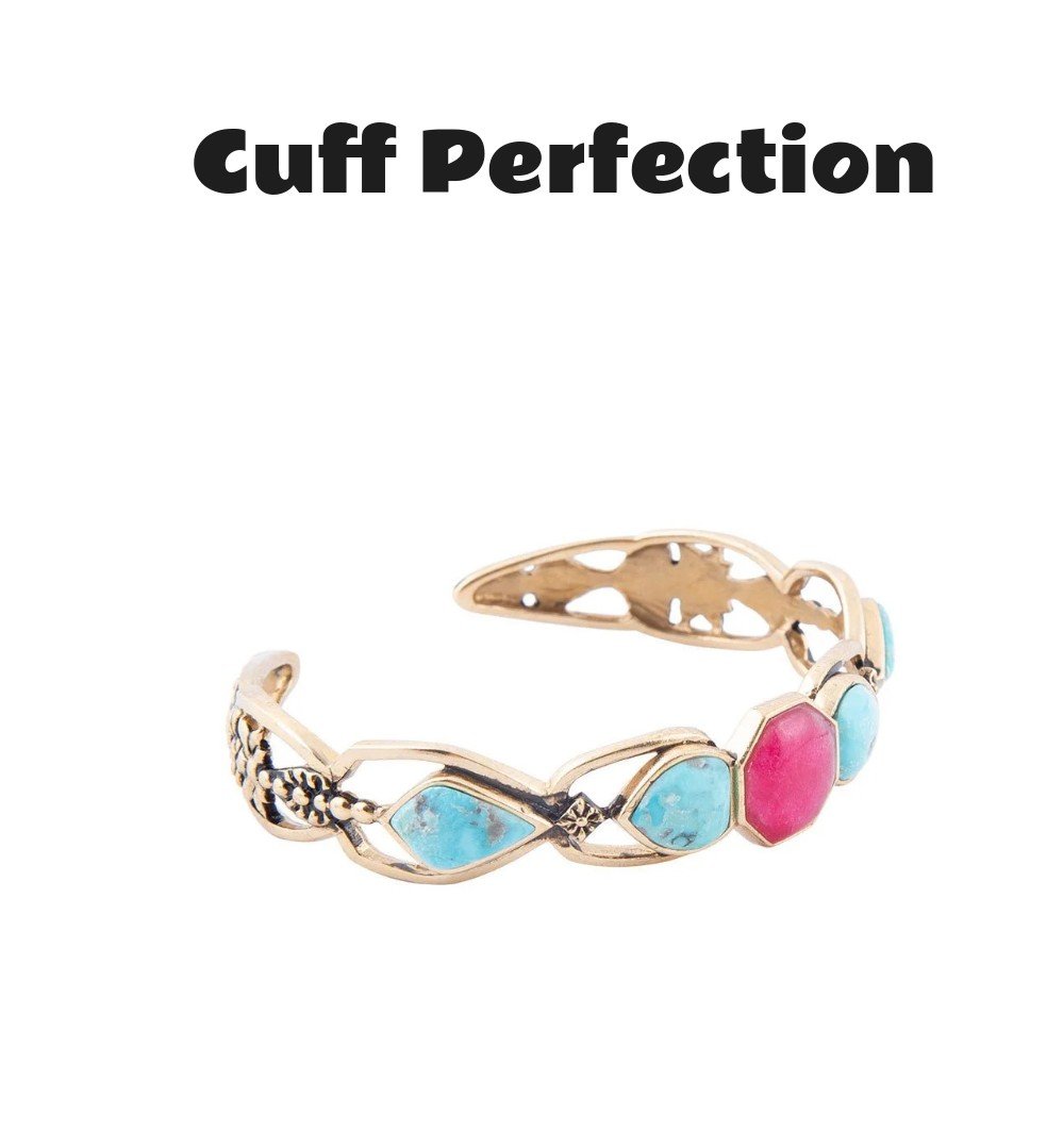 Blue Turquoise and Red Quartz Golden Cuff Bracelet