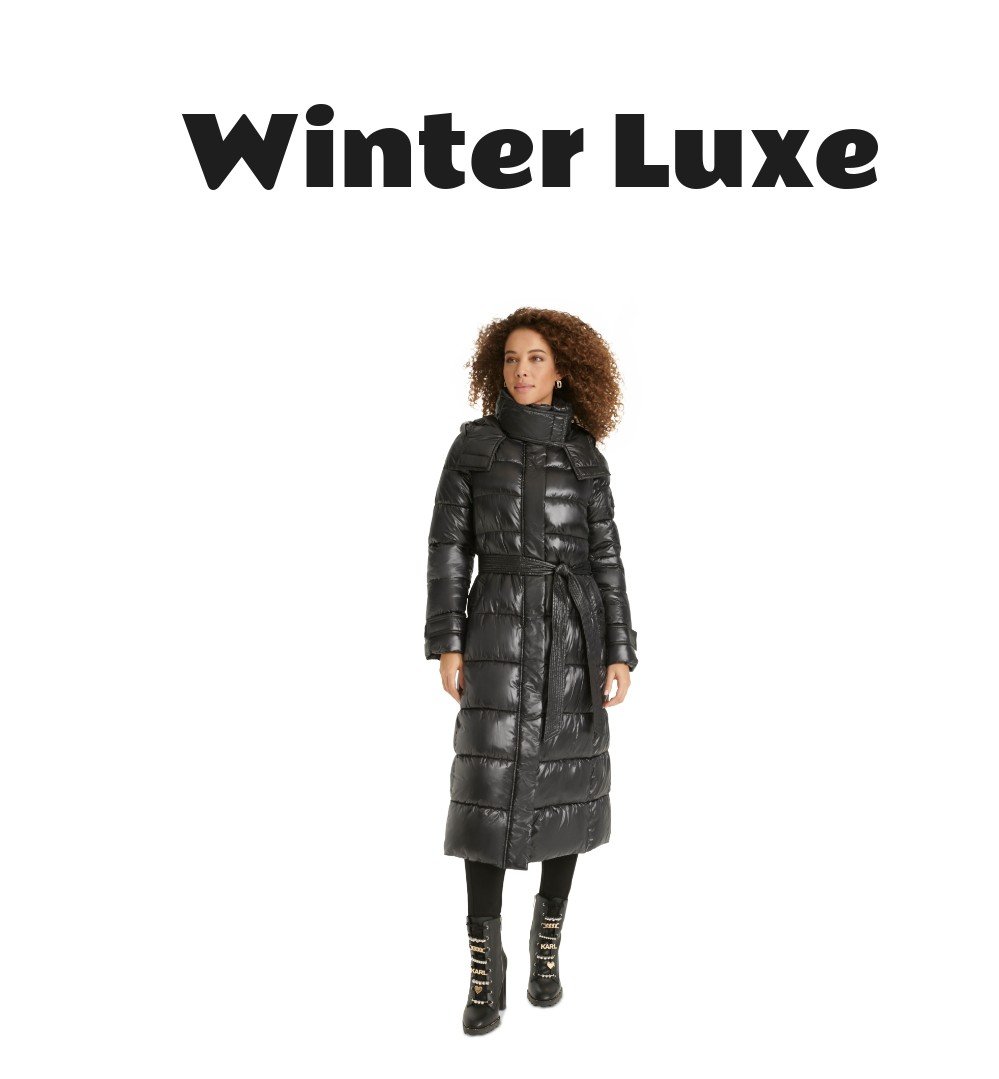 Karl Lagerfeld Womens Shine Hooded Belted Puffer Coat
