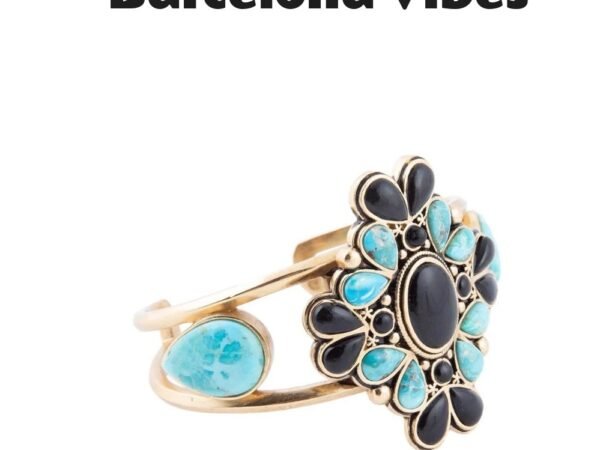 Barcelona Blue Turquoise Black Onyx Golden Cuff Bracelet