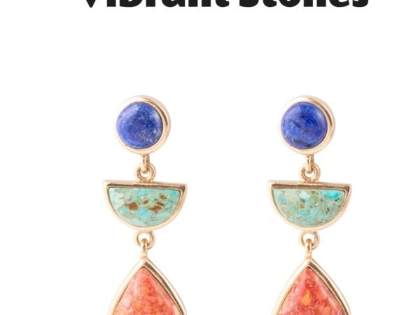Blue Lapis Turquoise and Orange Sponge Coral Golden Drop Earrings