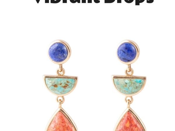 Blue Lapis Turquoise and Orange Sponge Coral Golden Drop Earrings