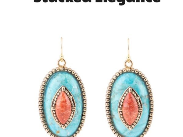 Stacked Stone Turquoise and Coral Golden Drop Earrings