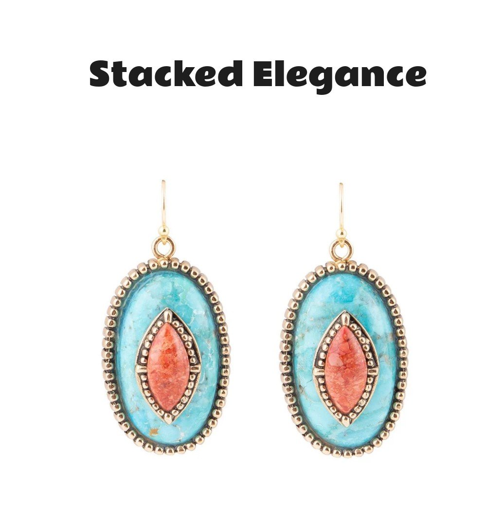 Stacked Stone Turquoise and Coral Golden Drop Earrings